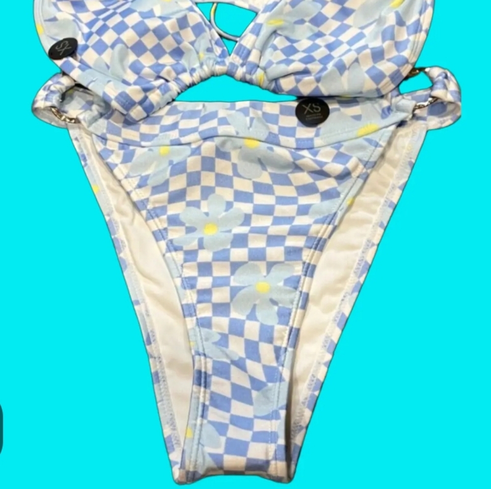 BODY Blue and White Checkered Bikini Bottom Only Size M